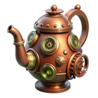 elegant playful traditional Steampunk teapot with intricate spouts, gears, and a copper finish with Transparent Background masterfully captured png