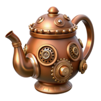 wonderful reflective traditional Steampunk teapot with intricate spouts, gears, and a copper finish with Transparent Background 8K png