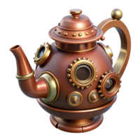 gorgeous passionate avant-garde Steampunk teapot with intricate spouts, gears, and a copper finish with Transparent Background sharp png