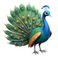 immaculate bohemian Isolated cutout, ultra-detailed, photorealistic professional render of a single peacock with tail feathers fully displayed with Transparent Background flawless png