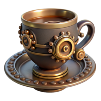 sought-after coastal Steampunk teacup with a saucer and intricate metal embellishments with Transparent Background perfect clarity png