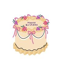 Ruffled cake in coquett trendy style with raspberry and bow. Happy Birthday concept. Flat cute sticker isolated on white background vector