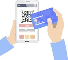 Smartphone with QR Code for Purchase and Credit Card on Screen vector