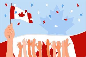 Independence Day Background. Background with a hand holding a Canadian flag, several hands raised, and a Canadian flag behind it. Light blue background vector
