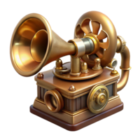 reflective extraordinary Steampunk phonograph with a brass horn and intricate clockwork with Transparent Background authentic png