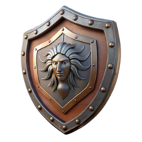 magnificent avant-garde Hyper-specific professional render of a single, weathered Aegis shield, Medusa head detail, isolated cutout with Transparent Background top-tier png