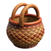 joyful immaculate Hyper-specific, professional render of a tribal woman's woven basket with intricate patterns, isolated cutout with Transparent Background masterfully captured png