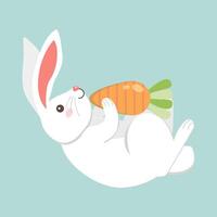 Cute white bunny lying on its back while hugging a big carrot. Perfect for childrens design, Easter graphics, animal cartoons, and playful spring themed illustrations. vector
