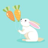 A white Easter bunny sitting and holding two balloons shaped carrot on a light blue background. Rabbit with sweet expression. Perfect for spring and Easter themes. flat design vector