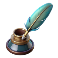 immaculate standout Concept art style, hyper-specific professional render of a vintage feather pen and inkwell with Transparent Background png