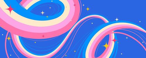 Vibrant Cosmic Swirls with Neon Colors and Stars on Blue Background. Playful design with groovy curves and waves. Great for music visuals, modern posters, web and branding vector