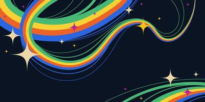 Night Sky Abstract Design with Squiggle Wavy Lines and Sparkling Stars on Black Background. Retro cosmic swirls with vibrant movement. Perfect for futuristic prints, party and space themes vector