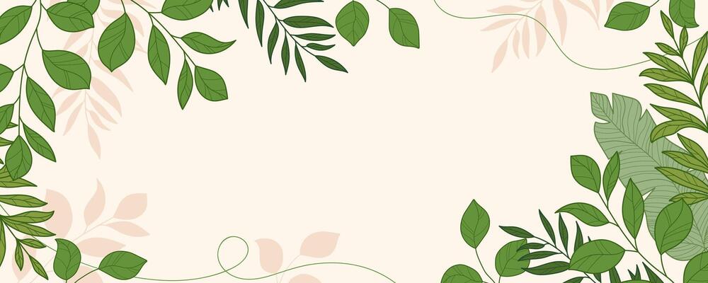 Elegant Green Botanical Frame with Tropical Leaves on Beige Background and Leaf Silhouettes. Natural and organic lush greenery. Perfect for invitations, eco branding, and cards, print, banners