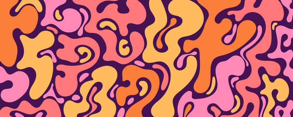 Pink and Orange Groovy Abstract Background with Blobby Organic Shapes. Multicolored retro design with soft curves, fluid motion, and 70s aesthetic. Perfect for posters, music flyers, cards, print, web
