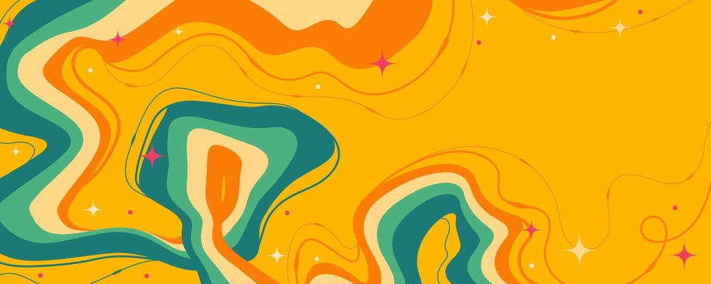 Abstract Background with Multicolored Shaky Lines and Curls on Yellow Background. Earthy design with molten shapes and retro colors. Ideal for bold prints, branding, posters, cards and psychedelic art