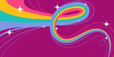 Colorful Abstract Design with Squiggle Wavy Lines and Sparkling Stars on Purple Background. Retro cosmic swirls with vibrant movement. Perfect for futuristic prints, party and space themes vector