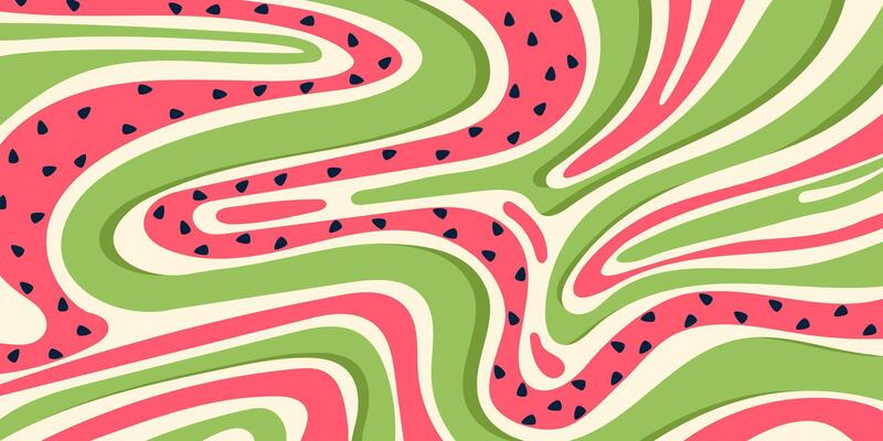 Abstract Background with Green, Pink, and Black Flowing Shapes. Watermelon abstract design with fun and summer vibes. Juicy color palette with bold line swirls. Perfect for web, print, cards, banner