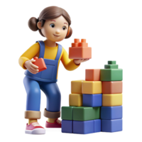 majestic unparalleled Young girl playing with building blocks, with Transparent Background png