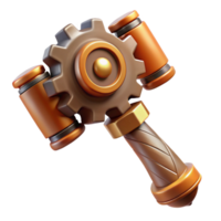 extraordinary distinctive Steampunk hammer with a gear-shaped head and a wooden handle with Transparent Background png