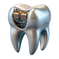 reflective wonderful Professional render of a biomechanical tooth, metallic enamel, exposed root system, internal circuitry, isolated cutout with Transparent Background gallery standard png