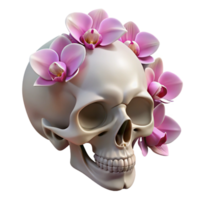 captivating intense vintage Photorealistic, professional render of a human skull adorned with blooming orchids with Transparent Background handcrafted png
