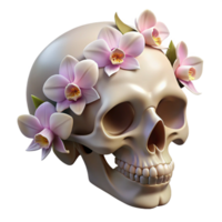 sumptuous inspired Photorealistic, professional render of a human skull adorned with blooming orchids with Transparent Background png