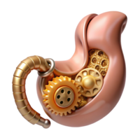exceptional surreal Hyper-specific photorealistic biomechanical stomach, digestive system exposed, churning gears, brass and gold, isolated cutout with Transparent Background masterfully captured png