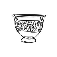 Ancient Greek bowl with handles. Bodies drawn around the edge of the bowl. Hand drawn in black and white. vector