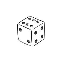 A single dice illustration, hand drawn sketch, gambling, Las Vegas, board game accessory, competitive game, numbers. vector