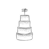 A four tier wedding cake with snow elements and topped with 'Mr and Mrs', baked and finished with fondant icing. Drawn by hand in black and white line. . Cook, chef, pastry chef. vector