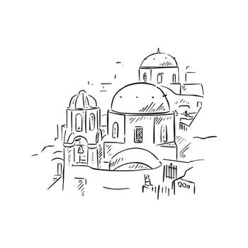An iconic Greek image of a Santorini view. Drawn by hand and vectorised and shaded in a sketch style. vector