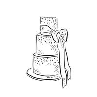 A three tier wedding cake with snow elements, baked and finished with fondant icing and a ribbon on the right hand side. Drawn by hand in black and white line. . Cook, chef, pastry chef. vector