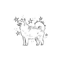 A line drawn Samoyed dog posing side profile with stars surrounding it. Drawn by hand in a sketchy style in black and white. vector