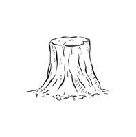 A tree stump drawn in black line in a sketch style. Wooden element of the forest. Sketch, woodland, animal habitat. vector