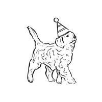 A cockapoo puppy wearing a party hat and strolling to the right. A line drawn hand drawn illustration vectorised for a variety of uses. vector