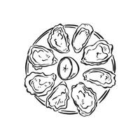 A plate of oysters displayed in a circle with a segment of lemon in the centre. Perfect for a restaurant menu or logo. Drawn by hand in a sketch doodle style. vector