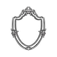 A pretty baroque shaped frame with a bow and roses. Black and white hand drawn sketch of a gilt gold frame. vector