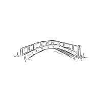 A line drawn bridge in black and white. A cute little bridge in a forest sketch style. Doodle over a river. vector
