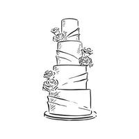 A four tier wedding cake with fabric style elements and topped with edible roses, baked and finished with fondant icing. Drawn by hand in black and white line. Cook, chef, pastry chef. vector