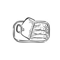 Sardines in a tin. A black and white line drawing of five sardines in a tin with the lid peeled back. Drawn by hand and vectorised. vector