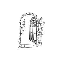Garden gate with foliage and bricks either side. Under an arch, architectural elements hand drawn in black and white. vector