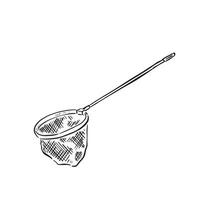 Fishing net illustration, hand held net, crabbing net, children's net. To fish out pond weed and small fish. A hand drawn in black and white. vector