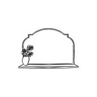 A horizontal decorative mirror, shaped in a classic vintage style with a sill and a vase of flowers on the left hand side. Black and white hand drawn sketch vector