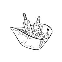 A metal ice bucket filled with ice and bottles for celebration such as in the club or at a wedding. Spirit bottles in chiller, drawn by hand and vectorised in sketch style. vector
