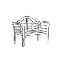 A line drawn garden bench in black and white. Drawn by hand in a sketchy style and vectorised for a variety of uses. vector