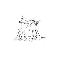 A tree stump drawn by hand in black line art in a sketch style. Wooden element of the forest, deforestation. Sketch , woodland, animal habitat. vector
