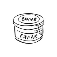 A jar of caviar in black and white, hand drawn with the word caviar on the front. Luxury food in pot. vector