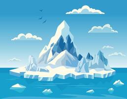A illustration of a cold arctic landscape featuring a large iceberg surrounded by ocean water, floating ice chunks, and a clear blue sky with clouds and birds vector