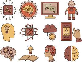 A illustration of artificial intelligence elements including robots, neural networks, brains, computer chips, and digital communication symbols vector