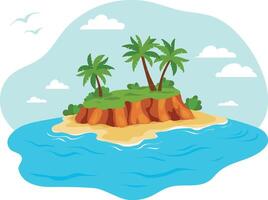 A tropical illustration of a small island with palm trees, sandy beach, and blue ocean under a bright sky with clouds and birds vector